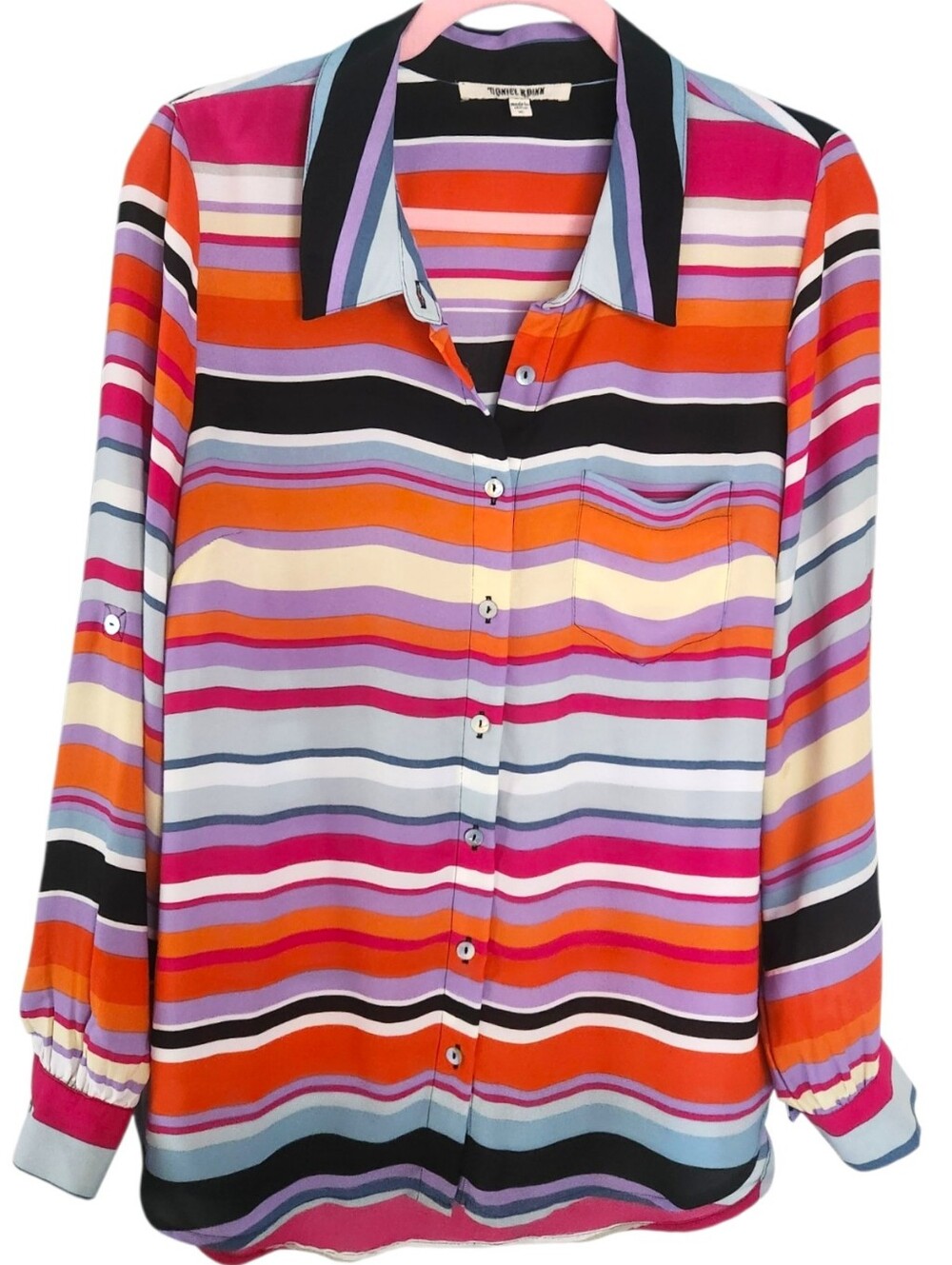 DANIEL RAINN Multi-Striped V-neck Long Roll-tab Sleeves Button-Down Blouse Sz XL